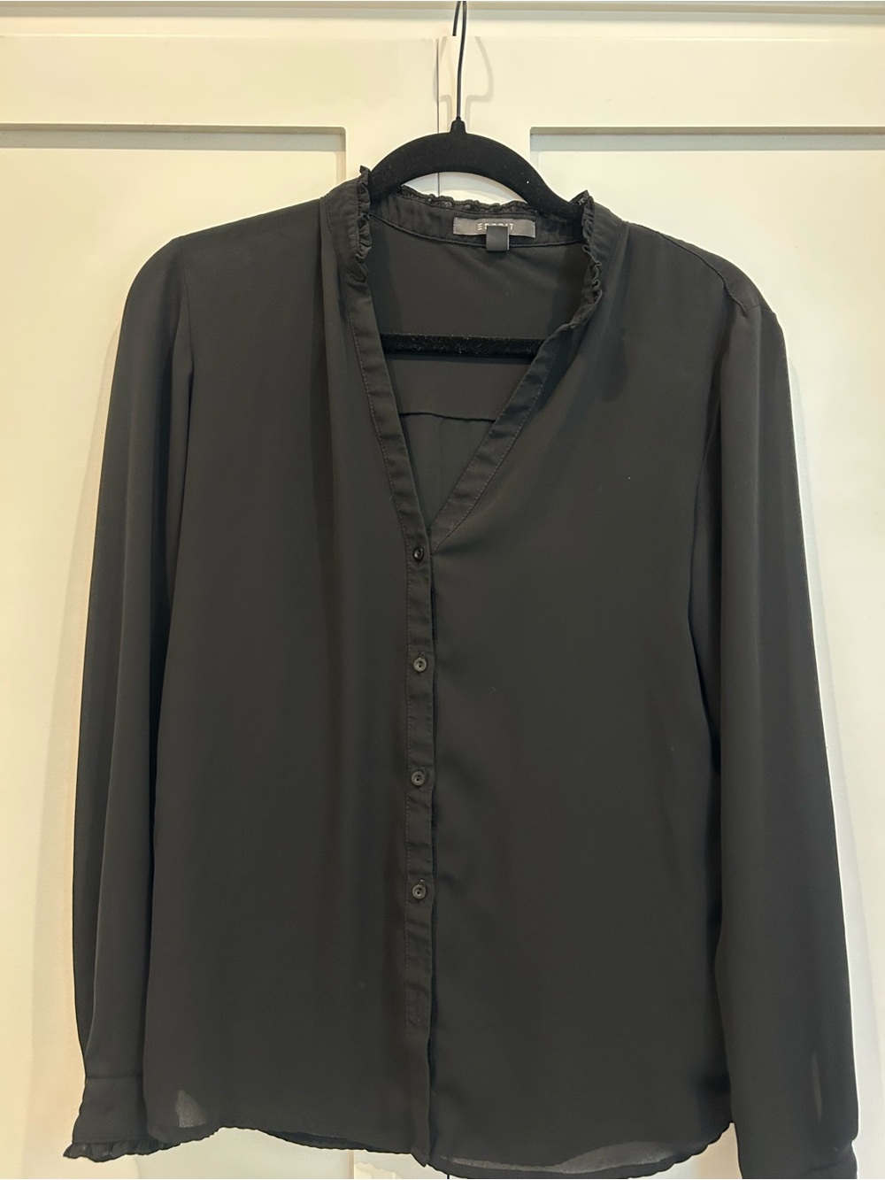 Esprit Black Sheer Button-Front Blouse with Ruffle Trim